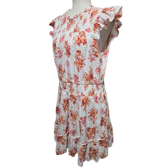 LOFT Floral Smocked Waist Tiered Dress Size Large White Orange Ruffle Cap Sleeve - Picture 4 of 14